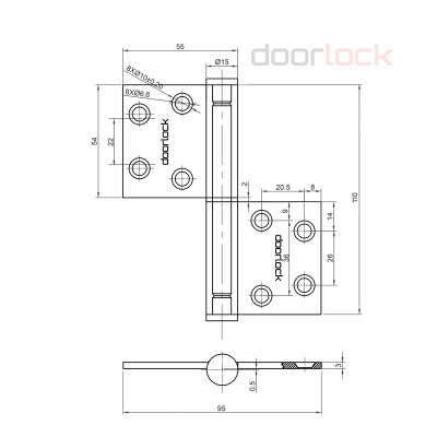 Дверная петля DL H110/95 SSS карточная, матовая нержавеющая сталь, разобранная